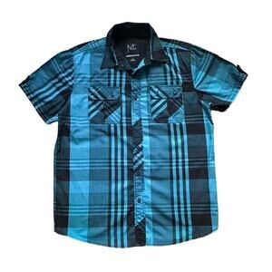 Modern Culture Mens Large Plaid Blue Button Down Short Sleeve Shirt Casual Y2K